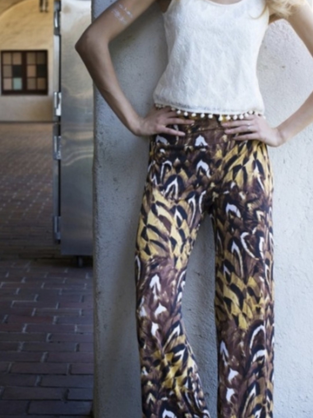 Women’s Printed Wide-Leg Pallazo Pants in Brown & Yellow